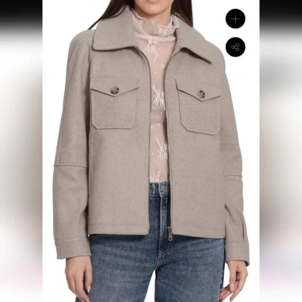 Avec Les Filles Aviator Jacket Felted Zip Up Oatmeal Coat Pockets Shacket Sz XS